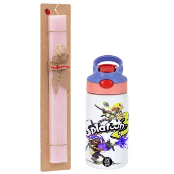 Splatoon 3, Easter Set, Children's thermal stainless steel water bottle with safety straw, pink/purple (350ml) & Easter scented flat candle (30cm) (PINK)
