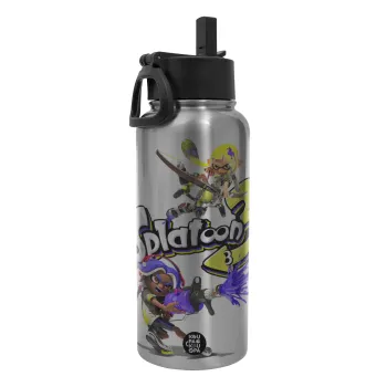 Splatoon 3, Metal mug thermo Silver with Straw and Spout Lid (Stainless steel), double wall, 950ml