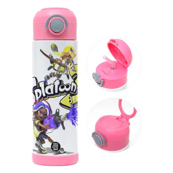 Splatoon 3, Children's hot water bottle, stainless steel, with safety straw, PINK (500ml)