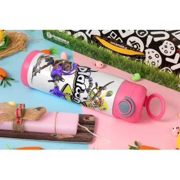 Splatoon 3, Easter candle, Childrens hot water bottle, stainless steel, with safety straw, PINK (500ml)