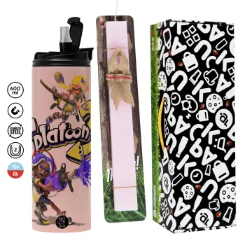Splatoon 3, Easter candle,Travel Tumbler 2 Lids, with metal straw & cleaning brush & aromatic flat candle (30cm) (PINK)