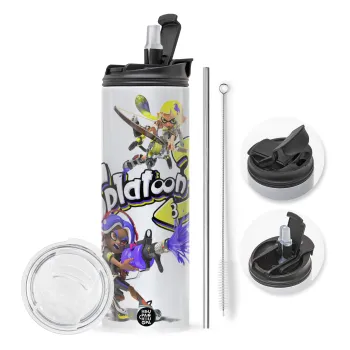 Splatoon 3, Travel Tumbler θερμό με διπλό καπάκι, μεταλλικό καλαμάκι και βούρτσα καθαρισμού (Ανωξείδωτο 304 Food grade, BPA free, 600ml)
