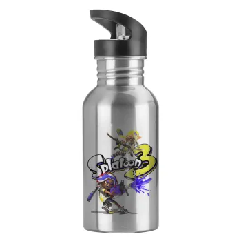 Splatoon 3, Παγούρι νερού Ασημένιο με καλαμάκι, ανοξείδωτο ατσάλι 600ml