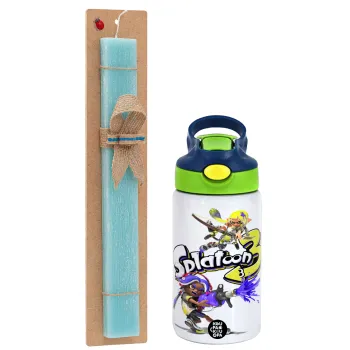 Splatoon 3, Easter Set, Children's thermal stainless steel bottle with safety straw, green/blue (350ml) & aromatic flat Easter candle (30cm) (TURQUOISE)