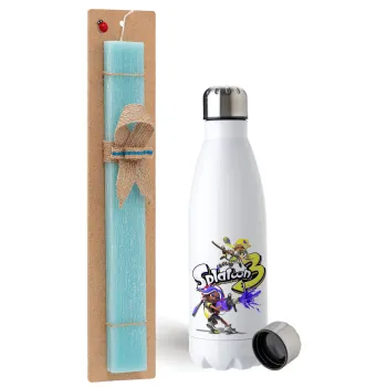 Splatoon 3, Easter Set, metallic stainless steel water bottle (750ml) & aromatic flat Easter candle (30cm) (TURQUOISE)