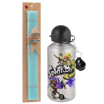 Splatoon 3, Easter Set, metallic silver aluminum water bottle (500ml) & scented flat Easter candle (30cm) (TURQUOISE)
