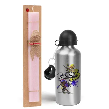 Splatoon 3, Easter Set, metallic Silver aluminum water bottle (500ml) & scented flat Easter candle (30cm) (PINK)