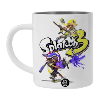 Splatoon 3, Λευκή Ανοξείδωτη Μεταλλική Κούπα 450ml - Διπλού Τοιχώματος 