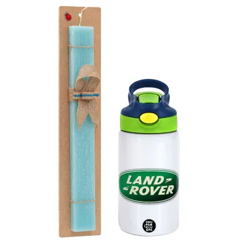 Land Rover, Easter Set, Children's thermal stainless steel bottle with safety straw, green/blue (350ml) & aromatic flat Easter candle (30cm) (TURQUOISE)