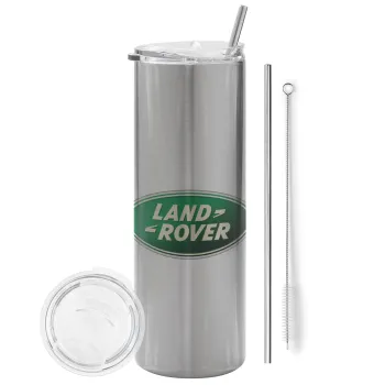 Land Rover, Tumbler ποτήρι θερμό Ασημένιο από ανοξείδωτο ατσάλι 600ml, με μεταλλικό καλαμάκι & βούρτσα καθαρισμού