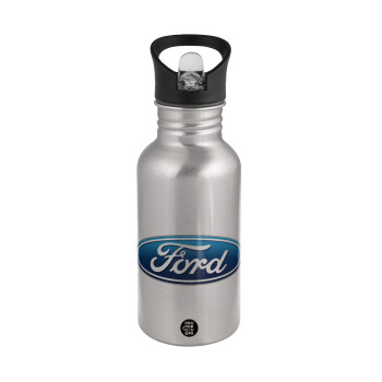 Ford, Water bottle Silver with straw, stainless steel 500ml