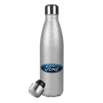 Ford, Μεταλλικό παγούρι θερμός Glitter Aσημένιο (Stainless steel), διπλού τοιχώματος, 500ml