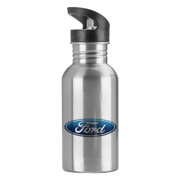 Ford, Water bottle Silver with straw, stainless steel 600ml
