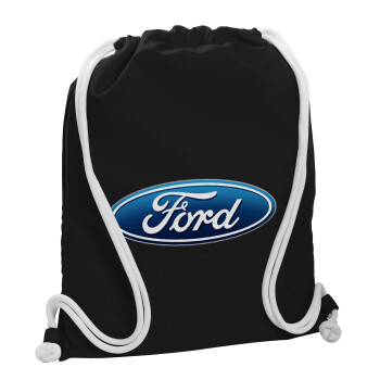 Ford, Τσάντα πλάτης πουγκί GYMBAG Μαύρη, με τσέπη (40x48cm) & χονδρά λευκά κορδόνια