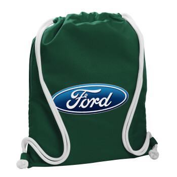 Ford, Τσάντα πλάτης πουγκί GYMBAG BOTTLE GREEN, με τσέπη (40x48cm) & χονδρά λευκά κορδόνια