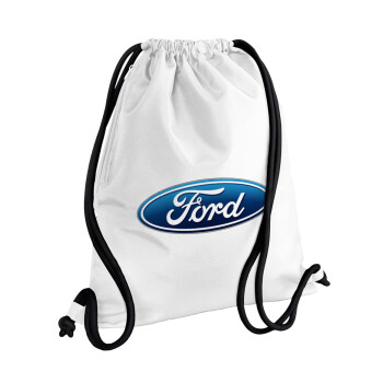 Ford, Τσάντα πλάτης πουγκί GYMBAG λευκή, με τσέπη (40x48cm) & χονδρά κορδόνια
