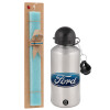 Easter Set, metallic silver aluminum water bottle (500ml) & scented flat Easter candle (30cm) (TURQUOISE)