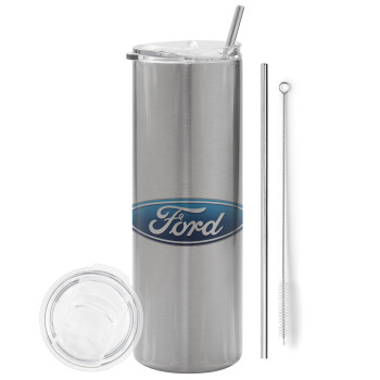 Ford, Eco friendly ποτήρι θερμό Ασημένιο (tumbler) από ανοξείδωτο ατσάλι 600ml, με μεταλλικό καλαμάκι & βούρτσα καθαρισμού