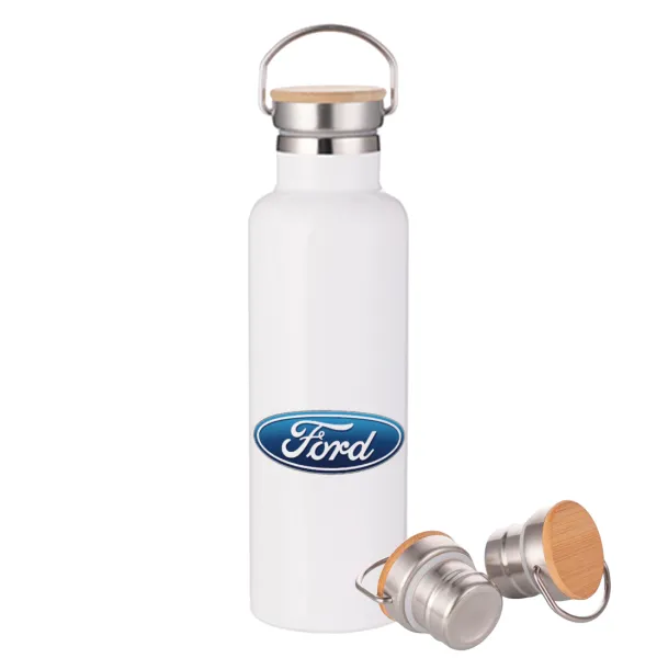 Ford — Μεταλλικό παγούρι θερμός (Stainless steel) Λευκό με ξύλινο καπάκι (bamboo), διπλού τοιχώματος, 750ml