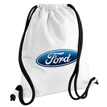 Ford, Τσάντα πλάτης πουγκί GYMBAG λευκή, με τσέπη (40x48cm) & χονδρά κορδόνια