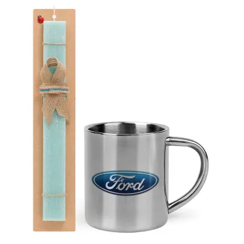 Ford, Easter Set, metallic thermal cup (300ml) & aromatic flat Easter candle (30cm) (TURQUOISE)