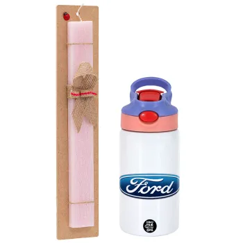 Ford, Easter Set, Children's thermal stainless steel water bottle with safety straw, pink/purple (350ml) & Easter scented flat candle (30cm) (PINK)