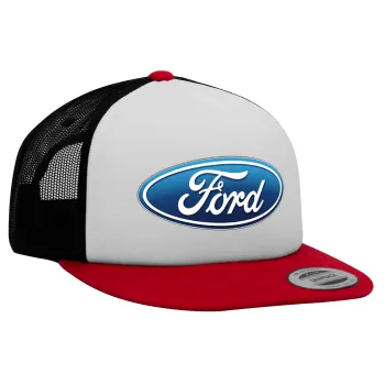 Ford, Adult Foam Flat Snapback with Mesh Red-White-Black (POLYESTER, ADULT, UNISEX, ONE SIZE)