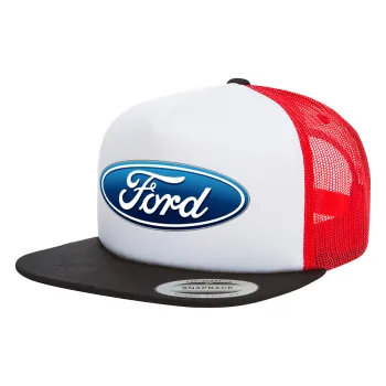 Ford, Adult Foam Flat Snapback with Mesh Black-White-Red (POLYESTER, ADULT, UNISEX, ONE SIZE)