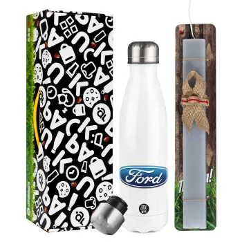 Ford, Easter candle, metallic white thermos bottle (500ml) & aromatic flat candle (30cm) (GRAY)