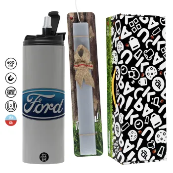 Ford, Πασχαλινή Λαμπάδα με Travel Tumbler θερμό (600ml, BPA free) & κερί αρωματικό πλακέ (30cm) (ΓΚΡΙ)