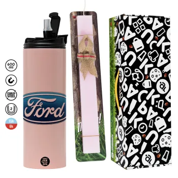 Ford, Πασχαλινή Λαμπάδα με  ΡΟΖ Travel Tumbler θερμό (600ml, BPA free) & κερί αρωματικό πλακέ (30cm) (ΡΟΖ)