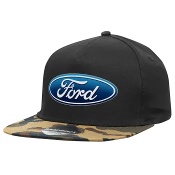 Ford, Adult Flat Snapback Hat Black/Camouflage, (100% COTTON TWILL, ADULT, UNISEX, ONE SIZE)