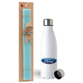 Ford, Easter Set, metallic stainless steel water bottle (750ml) & aromatic flat Easter candle (30cm) (TURQUOISE)
