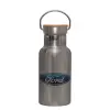 Stainless steel metallic thermos flask, silver with a bamboo lid, double-walled, 350ml.