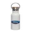 Metallic thermos (Stainless steel) White with wooden lid (bamboo), double-walled, 350ml