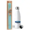 Easter Set, metallic stainless steel water bottle (750ml) & aromatic flat Easter candle (30cm) (TURQUOISE)