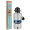 Easter Set, metallic silver aluminum water bottle (500ml) & scented flat Easter candle (30cm) (TURQUOISE)