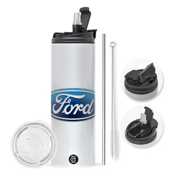 Ford, Travel Tumbler θερμό με διπλό καπάκι, μεταλλικό καλαμάκι και βούρτσα καθαρισμού (Ανωξείδωτο 304 Food grade, BPA free, 600ml)
