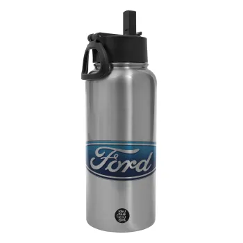 Ford, Μεταλλικό παγούρι θερμός Silver με καλαμάκι και χερούλι (Stainless steel), διπλού τοιχώματος, 950ml