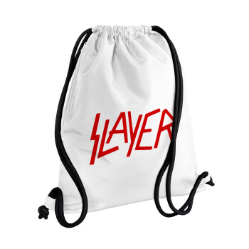 Slayer, Τσάντα πλάτης πουγκί GYMBAG λευκή, με τσέπη (40x48cm) & χονδρά κορδόνια