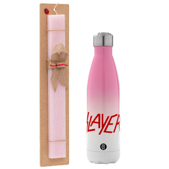 Slayer, Easter Set, Metallic pink/white (Stainless steel) thermos, double-walled, 500ml & aromatic flat Easter candle (30cm) (PINK)
