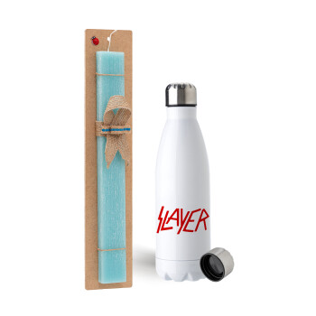 Slayer, Easter Set, metallic stainless steel water bottle (750ml) & aromatic flat Easter candle (30cm) (TURQUOISE)