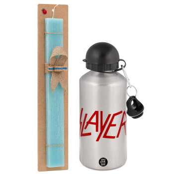 Slayer, Easter Set, metallic silver aluminum water bottle (500ml) & scented flat Easter candle (30cm) (TURQUOISE)