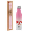 Easter Set, Metallic pink/white (Stainless steel) thermos, double-walled, 500ml & aromatic flat Easter candle (30cm) (PINK)