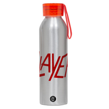 Slayer, Αλουμινένιο Αθλητικό Μπουκάλι 650ml – Ασημί με Κόκκινο Καπάκι και Λουράκι Σιλικόνης