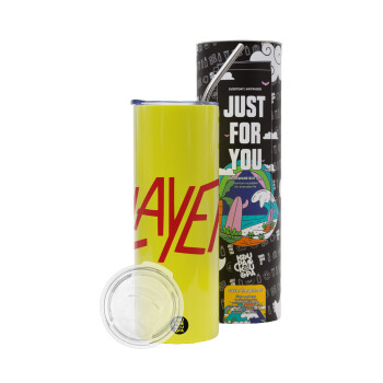Slayer, Neon Yellow Travel Tumbler θερμό, μεταλλικό καλαμάκι(Ανωξείδωτο 304 Food grade, BPA free, 600ml)