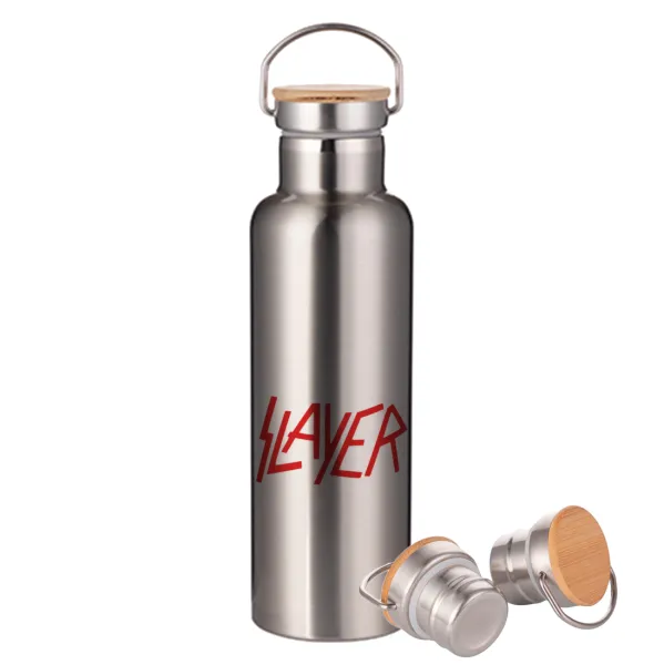Slayer — Μεταλλικό παγούρι θερμός (Stainless steel) Ασημένιο με ξύλινο καπακι (bamboo), διπλού τοιχώματος, 750ml