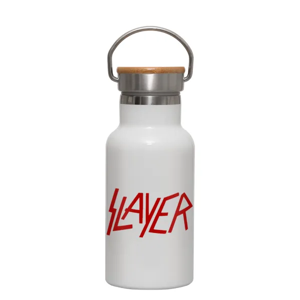 Slayer — Metallic thermos (Stainless steel) White with wooden lid (bamboo), double-walled, 350ml