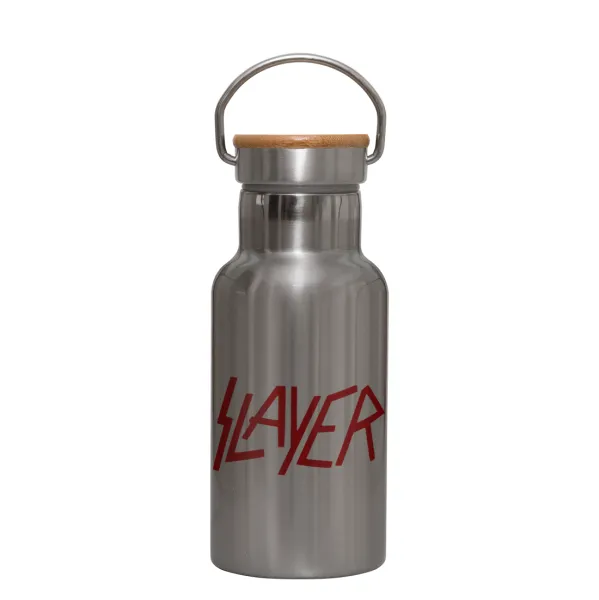 Slayer — Stainless steel metallic thermos flask, silver with a bamboo lid, double-walled, 350ml.