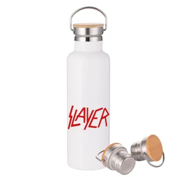 Slayer, Μεταλλικό παγούρι θερμός (Stainless steel) Λευκό με ξύλινο καπάκι (bamboo), διπλού τοιχώματος, 750ml